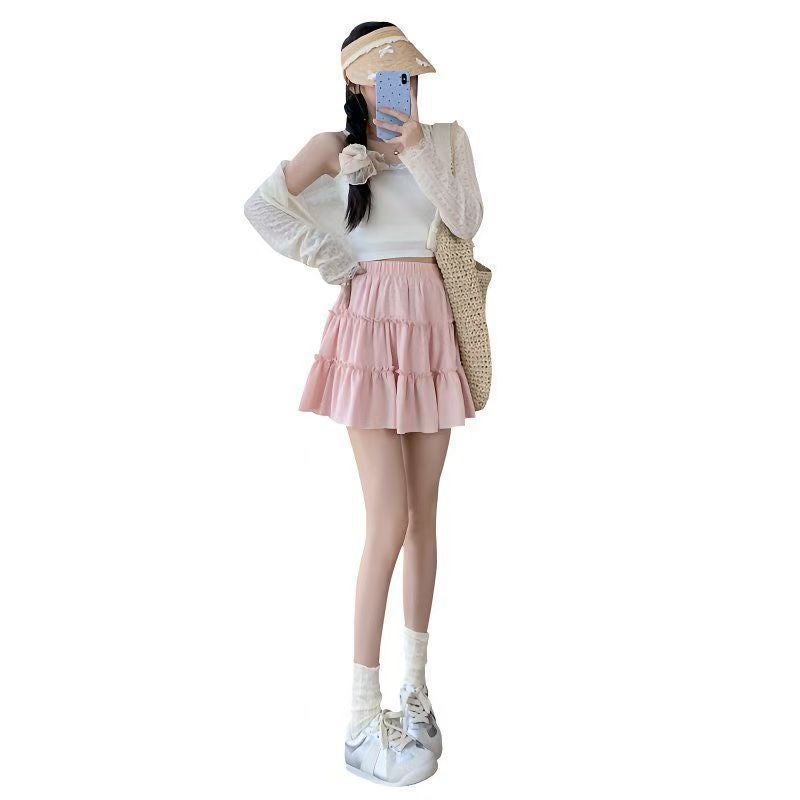 Summer Cake High-Waisted Slimming Fluffy Short Skirt White Petite Skirt Ruffle Skirt - Image 5
